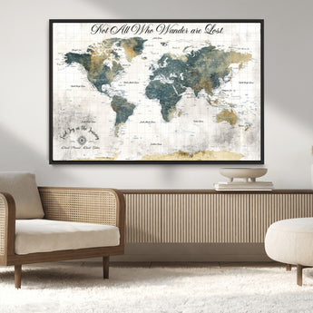 16233493-MGV-CV-36X24-Personalized World Map Wall Art – Rustic Blue Green Wanderlust Travel Map with Custom Couple Names, Vintage Wall Decor for Home