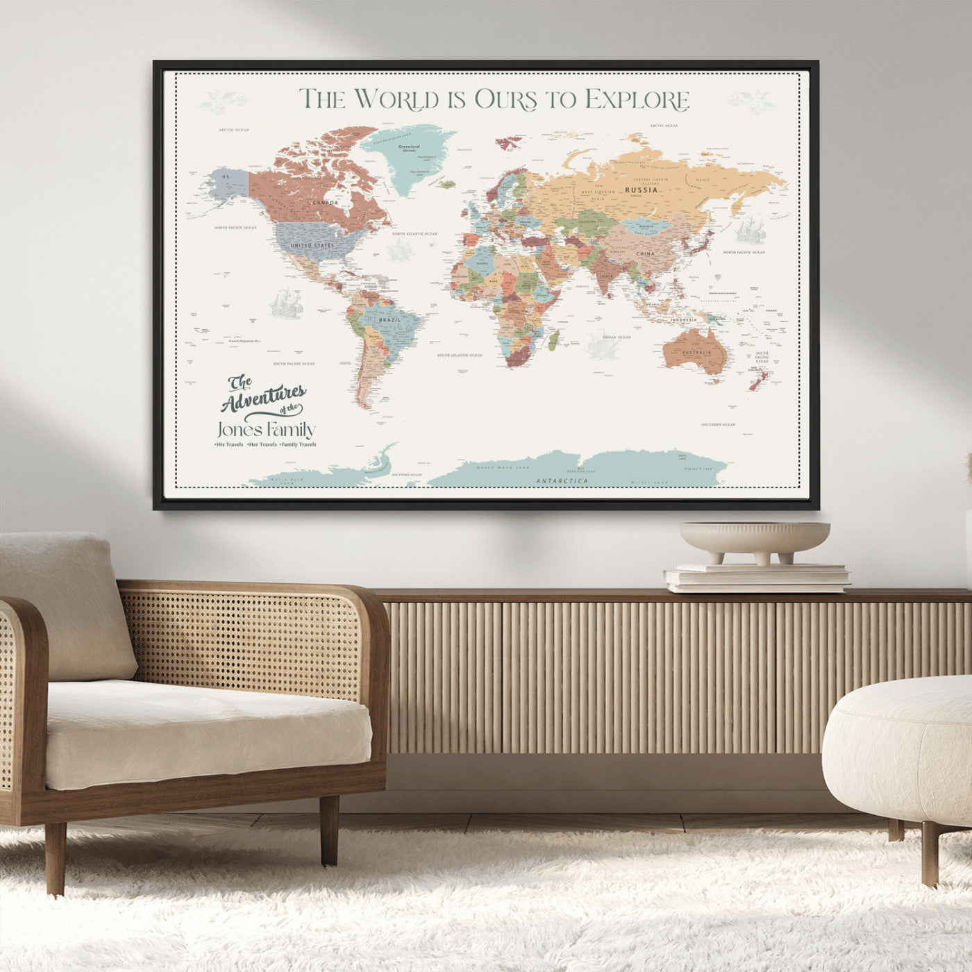 69180591-MGV-CV-36X24-Personalized World Map Wall Art – Rustic Vintage Adventure Travel Map with Custom Family Names, Unique Wall Decor for Couples,