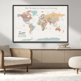 69180591-MGV-CV-36X24-Personalized World Map Wall Art – Rustic Vintage Adventure Travel Map with Custom Family Names, Unique Wall Decor for Couples,
