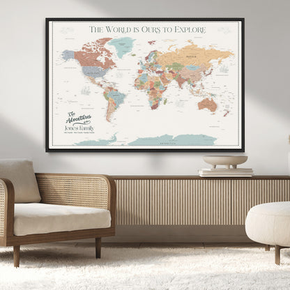 69180591-MGV-CV-36X24-Personalized World Map Wall Art – Rustic Vintage Adventure Travel Map with Custom Family Names, Unique Wall Decor for Couples,