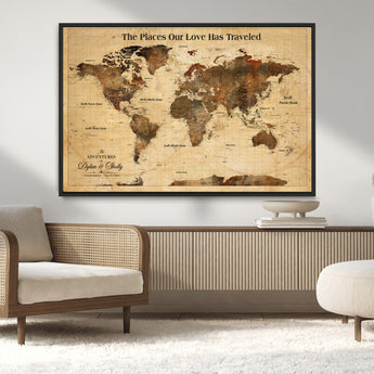 50680593-MGV-CV-36X24-Personalized World Map Wall Art – Rustic Brown Adventure Travel Map with Custom Names, Elegant Push Pin Canvas for Couples Home,