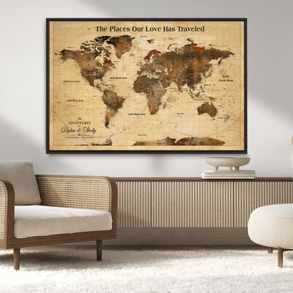 50680593-MGV-CV-36X24-Personalized World Map Wall Art – Rustic Brown Adventure Travel Map with Custom Names, Elegant Push Pin Canvas for Couples Home,