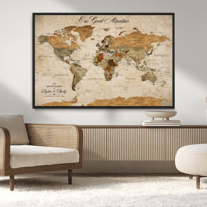 91961147-MGV-CV-36X24-Personalized World Map Wall Art – Vintage Sepia Adventure Travel Map with Custom Couple Names, Rustic Wall Decor for Home, Couples
