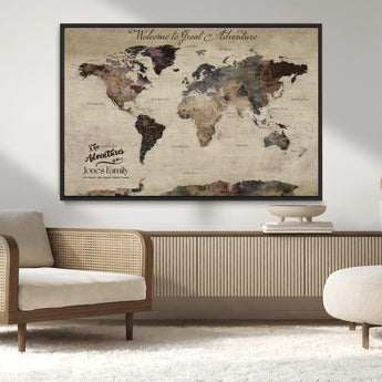 78610079-MGV-CV-36X24-Personalized World Map Wall Art – Vintage Rustic Travel Map with Custom Family Name, Adventure Wall Decor for Home, Family Gift or