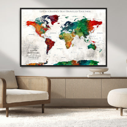 95876117-MGV-CV-36X24-Personalized World Map Wall Art – Colorful Watercolor Travel Map with Custom Names, Romantic Wall Decor for Couples, Wedding or