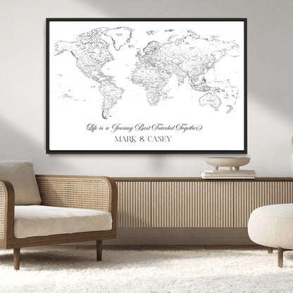 43438578-MGV-CV-36X24-Personalized World Map Wall Art – Black and White Minimal Travel Map with Custom Names, Elegant Wall Decor for Couples, Wedding or