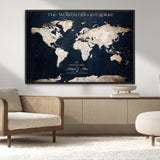 13231361-MGV-CV-36X24-Personalized World Map Wall Art – Navy Blue Vintage Adventure Travel Map with Custom Names, Elegant Push Pin Canvas for Couples