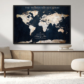 13231361-MGV-CV-36X24-Personalized World Map Wall Art – Navy Blue Vintage Adventure Travel Map with Custom Names, Elegant Push Pin Canvas for Couples