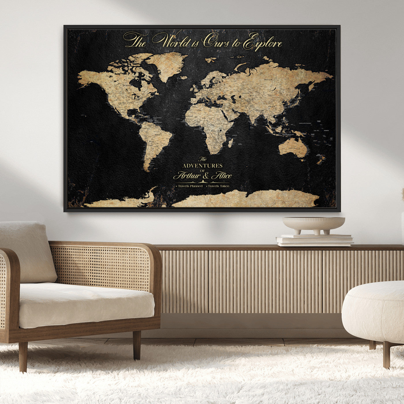 98947257-MGV-CV-36X24-Personalized World Map Wall Art – Vintage Black Adventure Travel Map with Custom Names, Elegant Push Pin Canvas for Couples Home