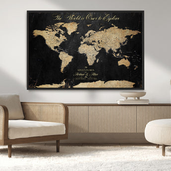 98947257-MGV-CV-36X24-Personalized World Map Wall Art – Vintage Black Adventure Travel Map with Custom Names, Elegant Push Pin Canvas for Couples Home