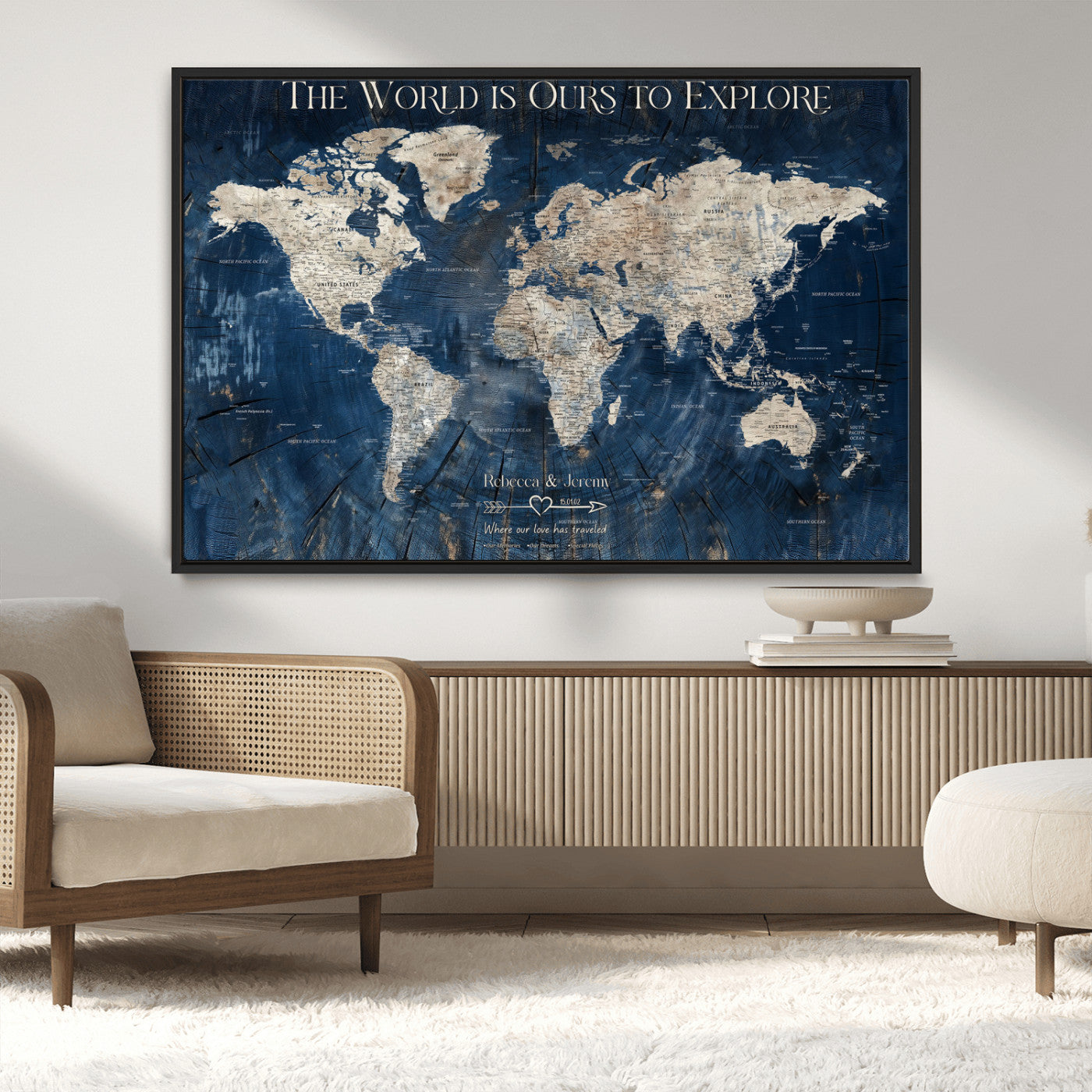16933330-MGV-CV-36X24-Personalized World Map Wall Art – Navy Blue Vintage Travel Map with Custom Names, Anniversary Gift for Couples Romantic Adventure