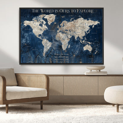 16933330-MGV-CV-36X24-Personalized World Map Wall Art – Navy Blue Vintage Travel Map with Custom Names, Anniversary Gift for Couples Romantic Adventure