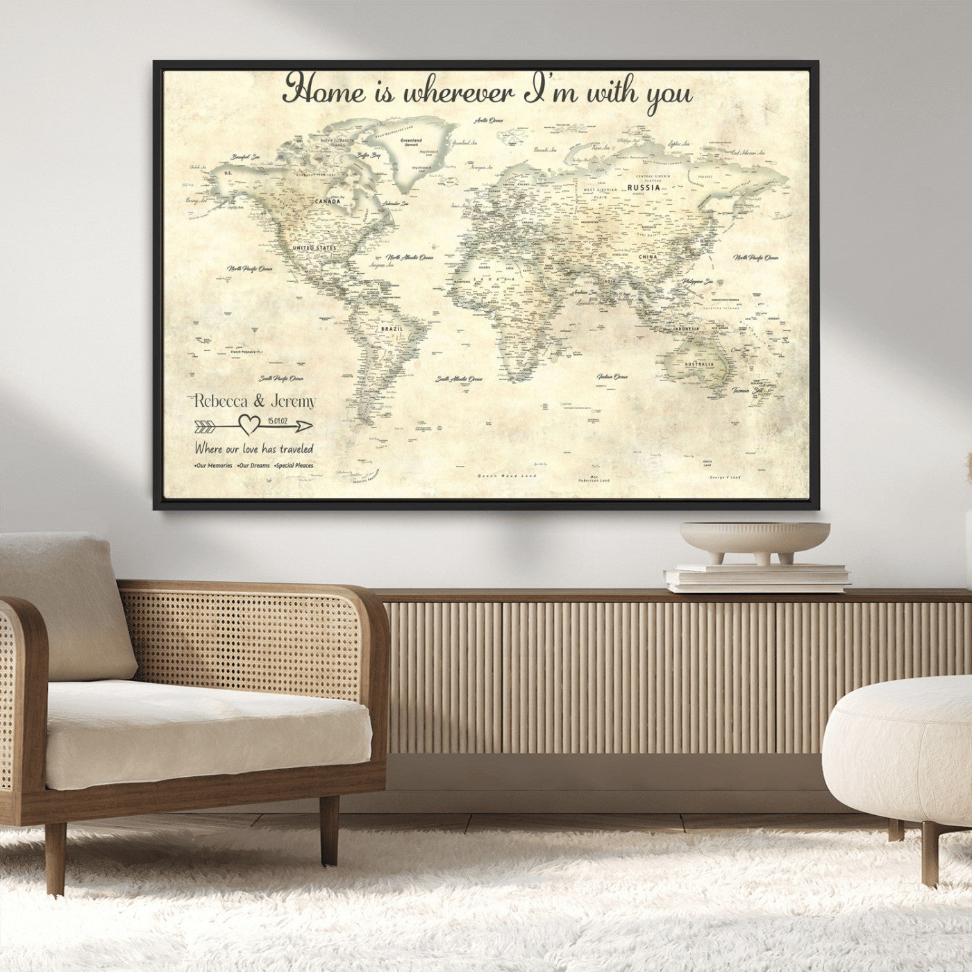 35009043-MGV-CV-36X24-Personalized World Map Wall Art – Vintage Beige Travel Map with Custom Names and Date, Romantic Anniversary Gift for Couples Home