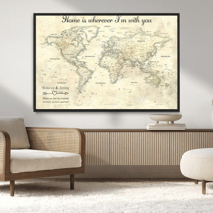 35009043-MGV-CV-36X24-Personalized World Map Wall Art – Vintage Beige Travel Map with Custom Names and Date, Romantic Anniversary Gift for Couples Home