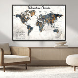 11751559-MGV-CV-36X24-Personalized World Map Wall Art – Elegant Adventure Travel Tracker Map for Couples & Families, Push Pin Canvas Poster Decor for Home, Office