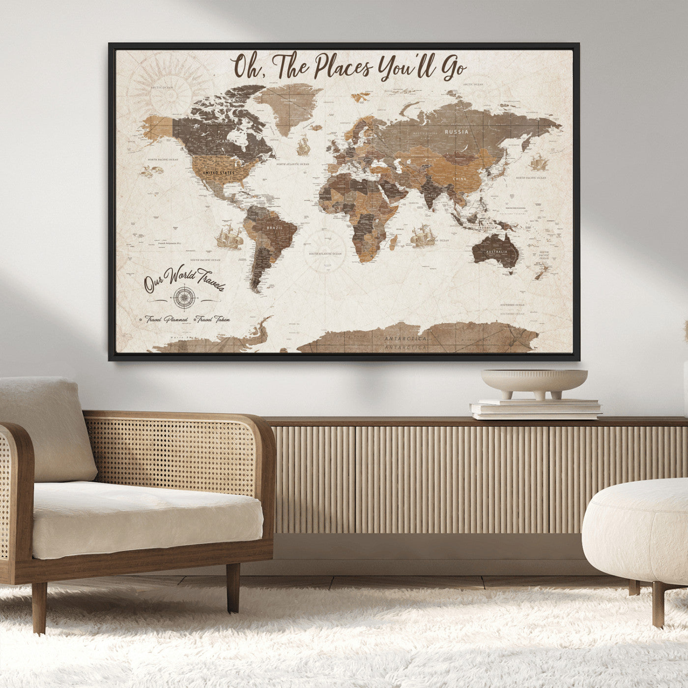 14140137-MGV-CV-36X24-Personalized World Map Wall Art – Vintage Nautical Adventure Map with Ships and Compass, Rustic Sepia Tones for Travel Lovers and