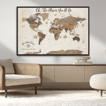 14140137-MGV-CV-36X24-Personalized World Map Wall Art – Vintage Nautical Adventure Map with Ships and Compass, Rustic Sepia Tones for Travel Lovers and