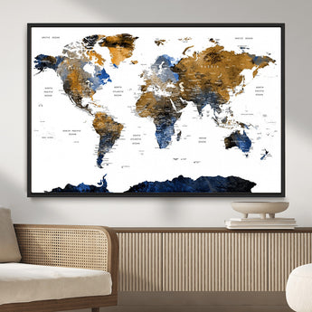 MGV-FC-36X24 - World Map Wall Art Canvas Print, Framed Blue Gold Map Art Picture Print, Rustic Atlas Perfect Rustic Modern Decor Artwork