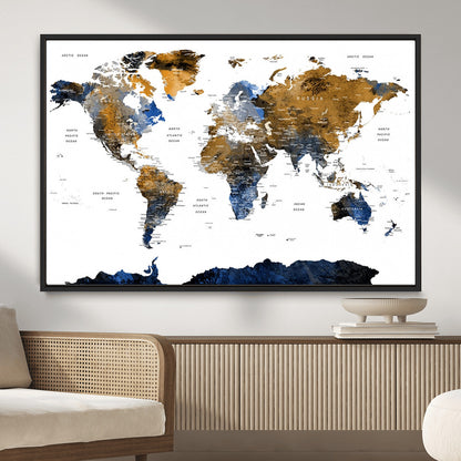 MGV-FC-36X24 - World Map Wall Art Canvas Print, Framed Blue Gold Map Art Picture Print, Rustic Atlas Perfect Rustic Modern Decor Artwork