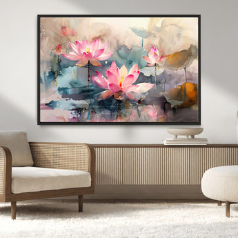 18414-MGV-CV-36X24-Pink Lotus Wall Art Canvas Print, Framed Water Lily Art Picture Print, Dreamy Floral Perfect Dreamy Botanical Decor Artwork