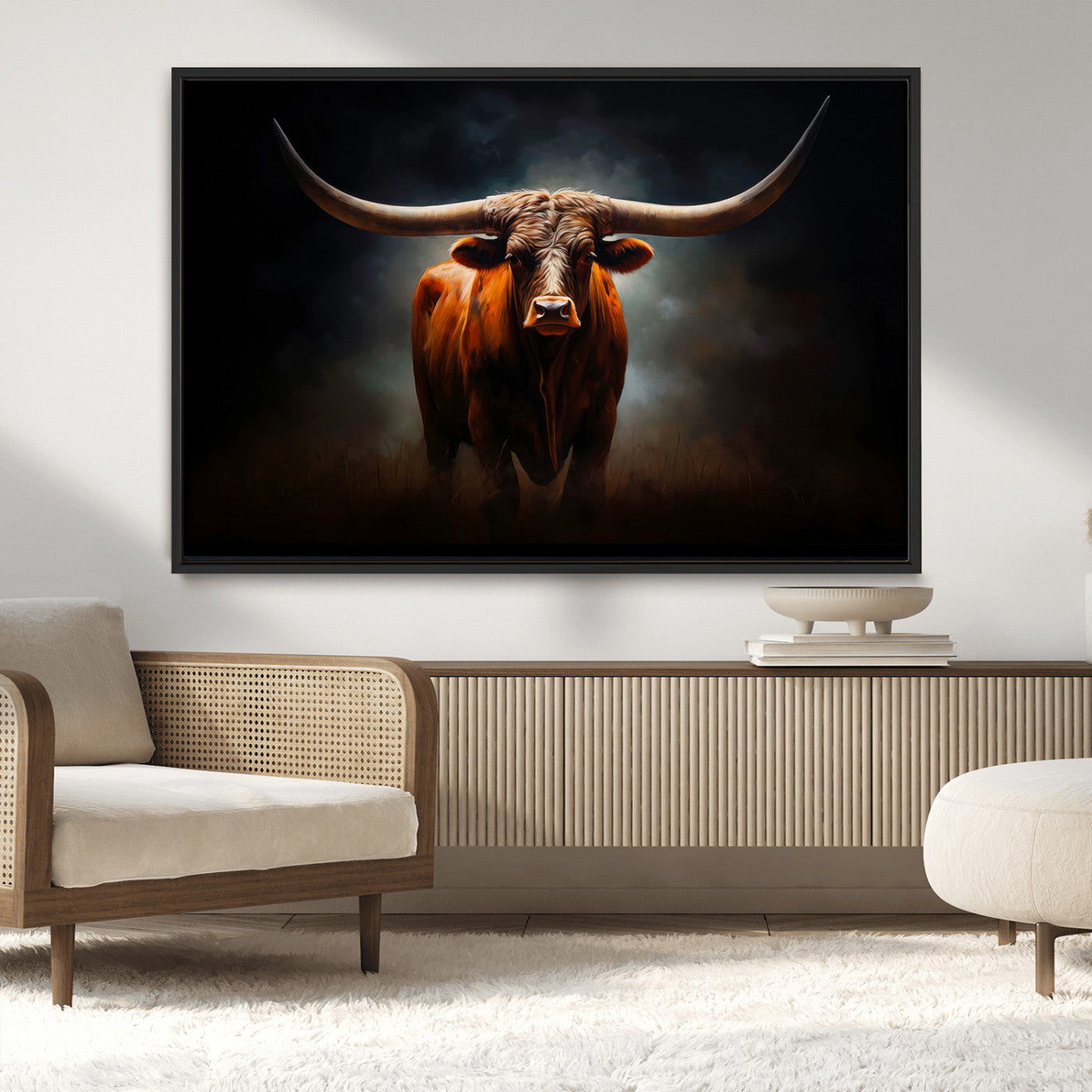 12484-MGV-CV-36X24-Texas Longhorn Wall Art Canvas Print, Framed Western Bull Art Picture Print, Moody Cattle Perfect Moody Western Decor Artwork