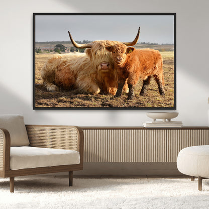 88780-MGV-CV-36X24-Highland Cow Wall Art Canvas Print, Framed Cow Calf Art Picture Print, Scottish Cattle Perfect Rustic Farmhouse Decor Artwork