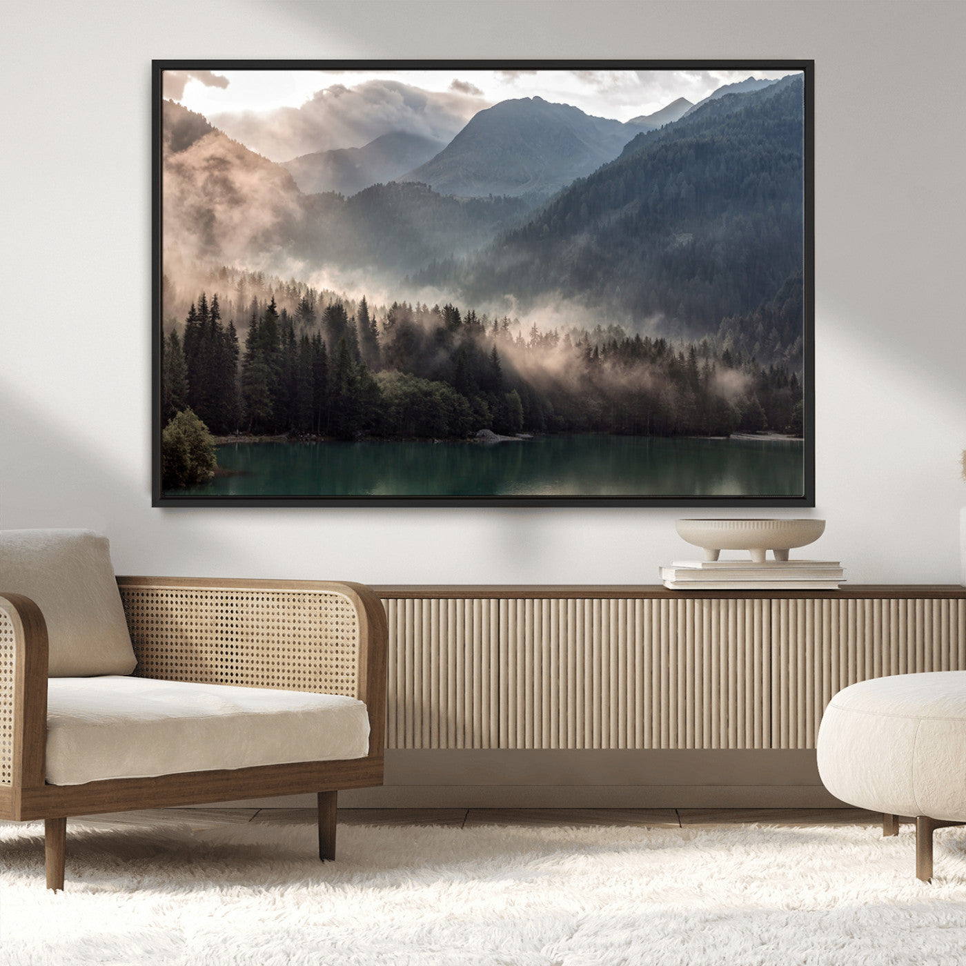 64758-MGV-CV-36X24-Misty Mountains Wall Art Canvas Print, Framed Moody Pines Art Picture Print, Forest Lake Perfect Moody Alpine Decor Artwork