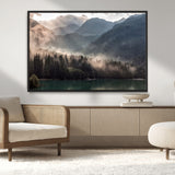 64758-MGV-CV-36X24-Misty Mountains Wall Art Canvas Print, Framed Moody Pines Art Picture Print, Forest Lake Perfect Moody Alpine Decor Artwork