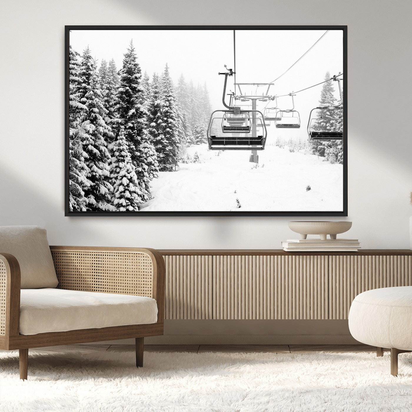 49274-MGV-CV-36X24-Snowy Forest Wall Art Canvas Print, Framed Ski Lift Art Picture Print, Mountain Snow Perfect Minimal Winter Lodge Decor Artwork