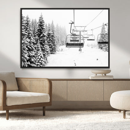 49274-MGV-CV-36X24-Snowy Forest Wall Art Canvas Print, Framed Ski Lift Art Picture Print, Mountain Snow Perfect Minimal Winter Lodge Decor Artwork