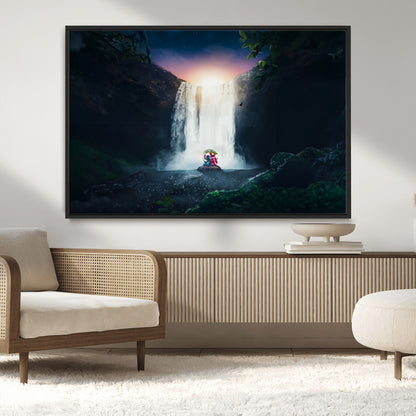 56359-MGV-CV-36X24-Lilo Stitch Wall Art Canvas Print, Framed Stitch Angel Art Picture Print, Cartoon Waterfall Perfect Tropical Fantasy Decor Artwork