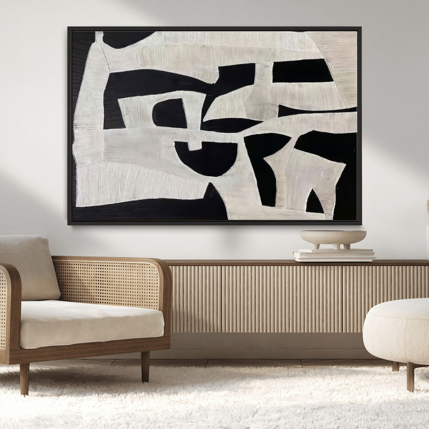 33714-MGV-CV-36X24-Monochrome Design Wall Art Canvas Print, Framed Modern Linework Art Picture Print, Textured Shapes Perfect Monochrome Modern Decor