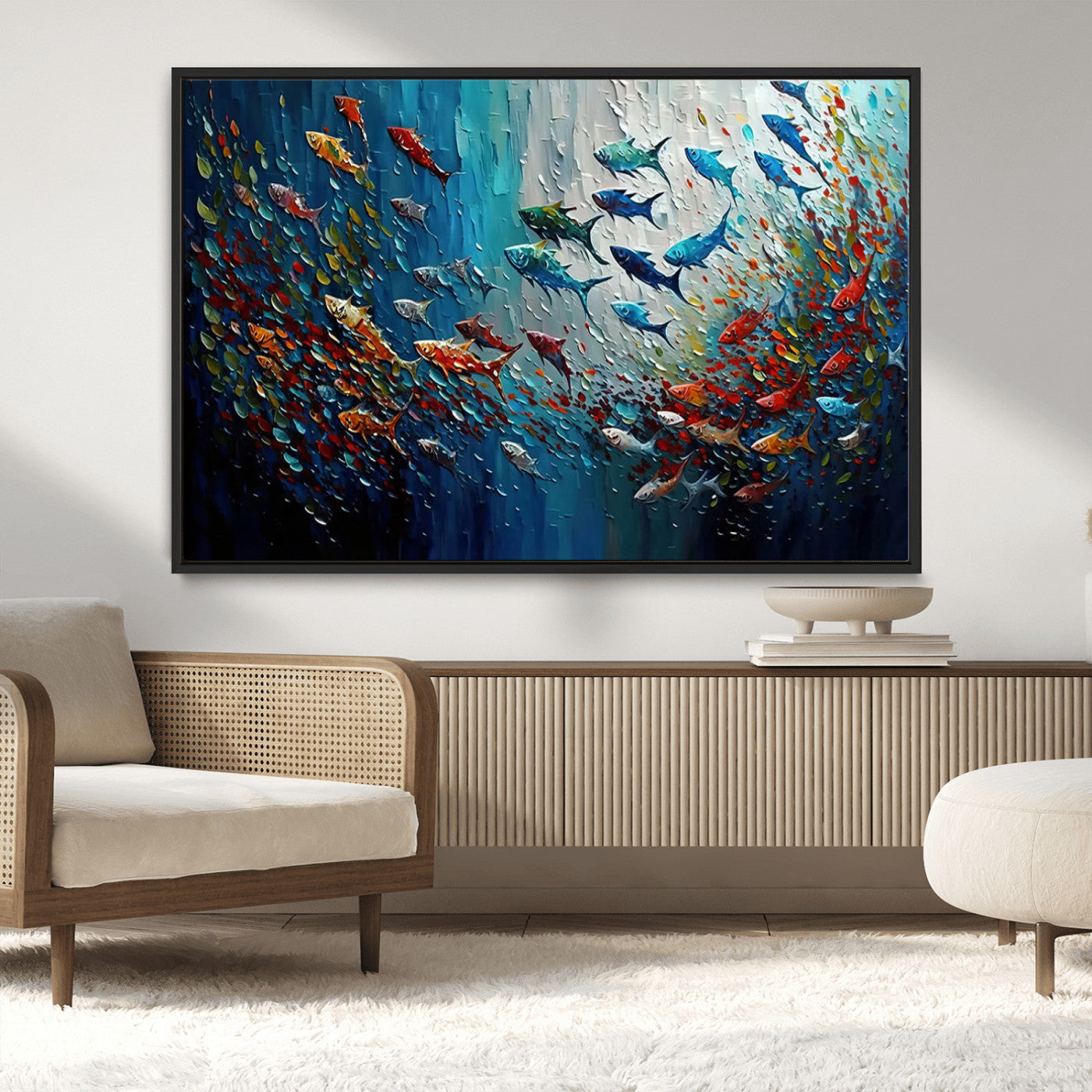 89626-MGV-CV-36X24-Fish Swarm Wall Art Canvas Print, Framed Abstract Ocean Art Picture Print, Underwater Life Perfect Vibrant Coastal Decor Artwork