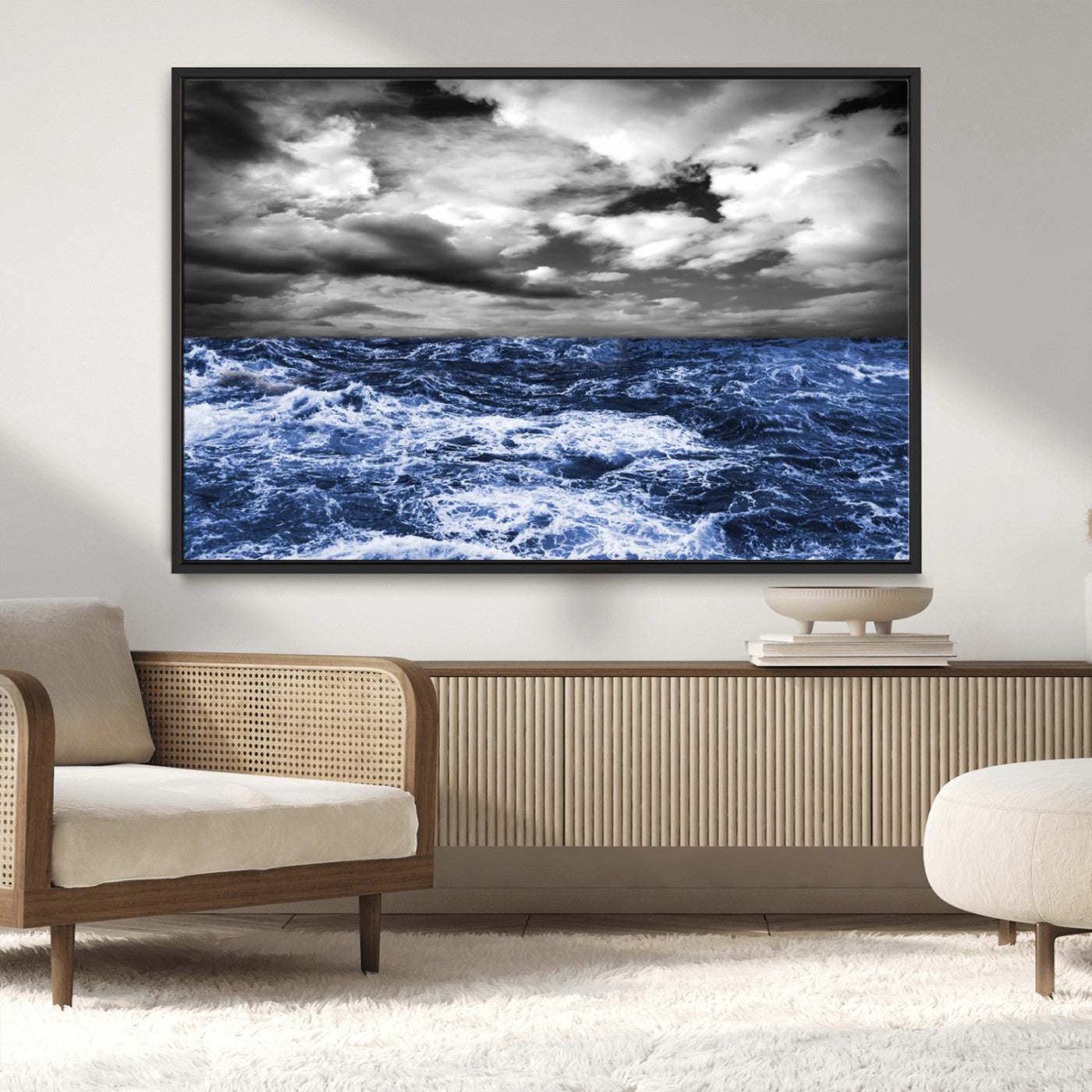 91043-MGV-CV-36X24-Stormy Ocean Wall Art Canvas Print, Framed Moody Seascape Art Picture Print, Monochrome Sea Perfect Coastal Drama Decor Artwork