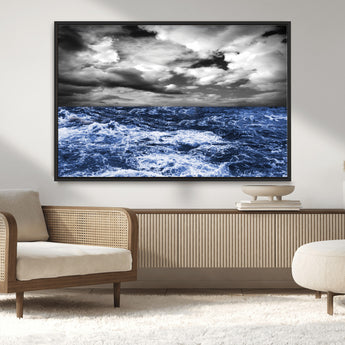 91043-MGV-CV-36X24-Stormy Ocean Wall Art Canvas Print, Framed Moody Seascape Art Picture Print, Monochrome Sea Perfect Coastal Drama Decor Artwork