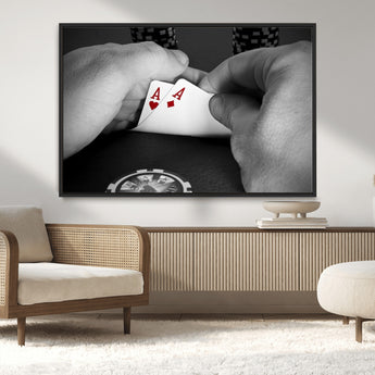 62460-MGV-CV-36X24-Poker Game Wall Art – Close Up of Hands Holding Aces with Chips, Casino Style Decor for Game Room, Man Cave or Office