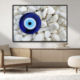 48883-MGV-CV-36X24-Evil Eye Wall Art – Deep Blue Symbol of Presence and Calm on White Stones, Subtle Spiritual Decor for Entryway, Studio, Office or