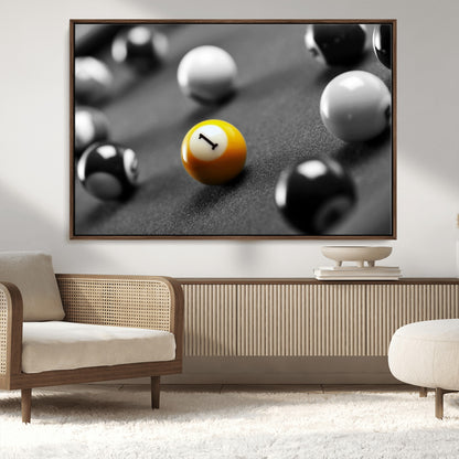 52108-MGV-CV-36X24-Precision Pool Table Wall Art – Close Up Yellow 1 Ball Canvas Print, Hand-Played Billiards Game Decor for Office, Game Room, or