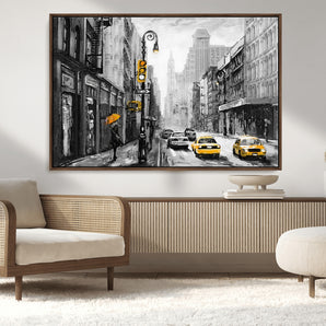 32362-MGV-CV-36X24-NYC Street Wall Art – Black and White Cityscape with Yellow Taxis and Umbrella Canvas Print, Urban Home Decor for Living Room or