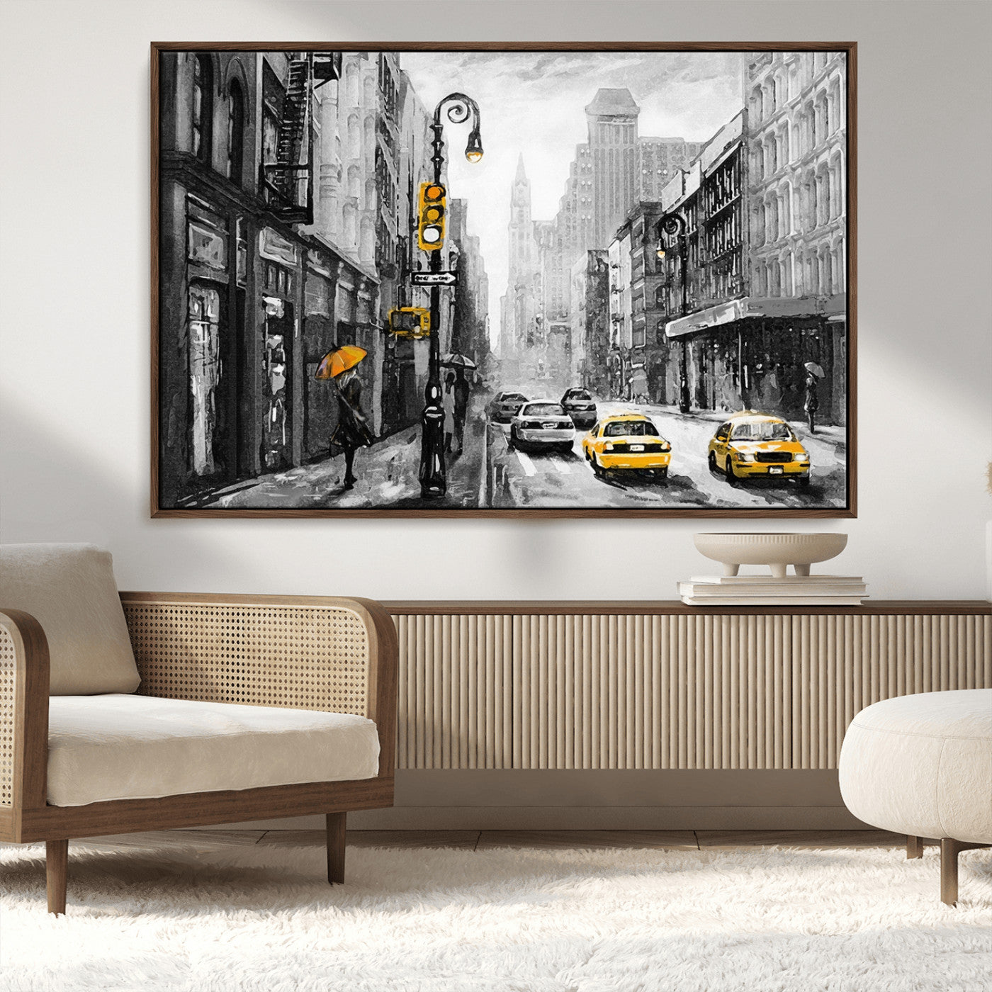 32362-MGV-CV-36X24-NYC Street Wall Art – Black and White Cityscape with Yellow Taxis and Umbrella Canvas Print, Urban Home Decor for Living Room or