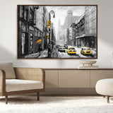 32362-MGV-CV-36X24-NYC Street Wall Art – Black and White Cityscape with Yellow Taxis and Umbrella Canvas Print, Urban Home Decor for Living Room or