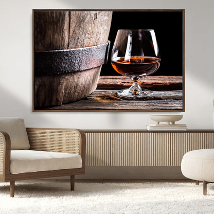 50839-MGV-CV-36X24-Barrel & Brandy Wall Art – Rustic Whiskey Barrel and Brandy Glass Canvas Print, Elegant Home Bar or Lounge Decor for Office, Man