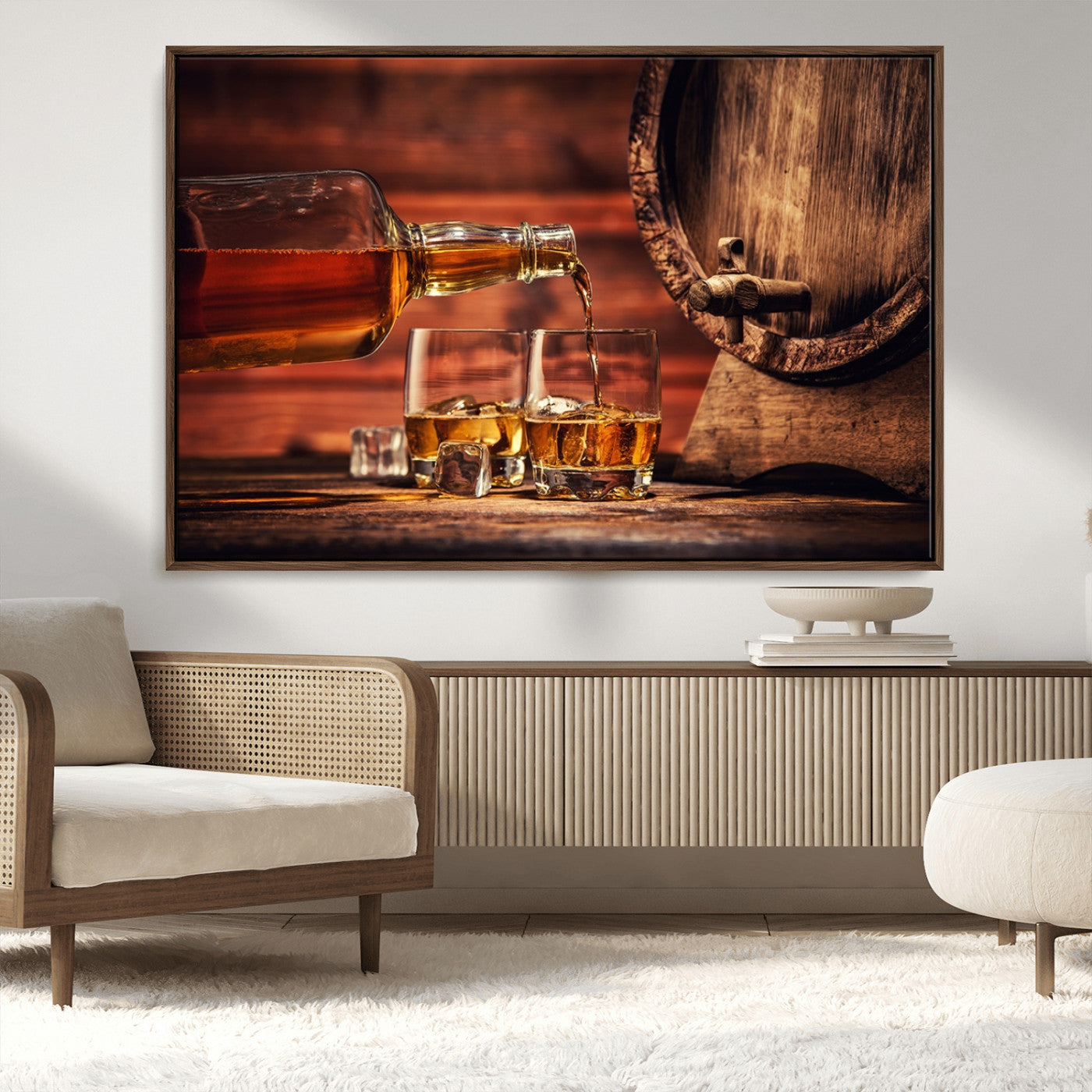 52458-MGV-CV-36X24-Whiskey Pour Wall Art – Elegant Whiskey Bottle Pouring into Glasses Canvas Print, Refined Bar or Lounge Decor for Home, Office, or