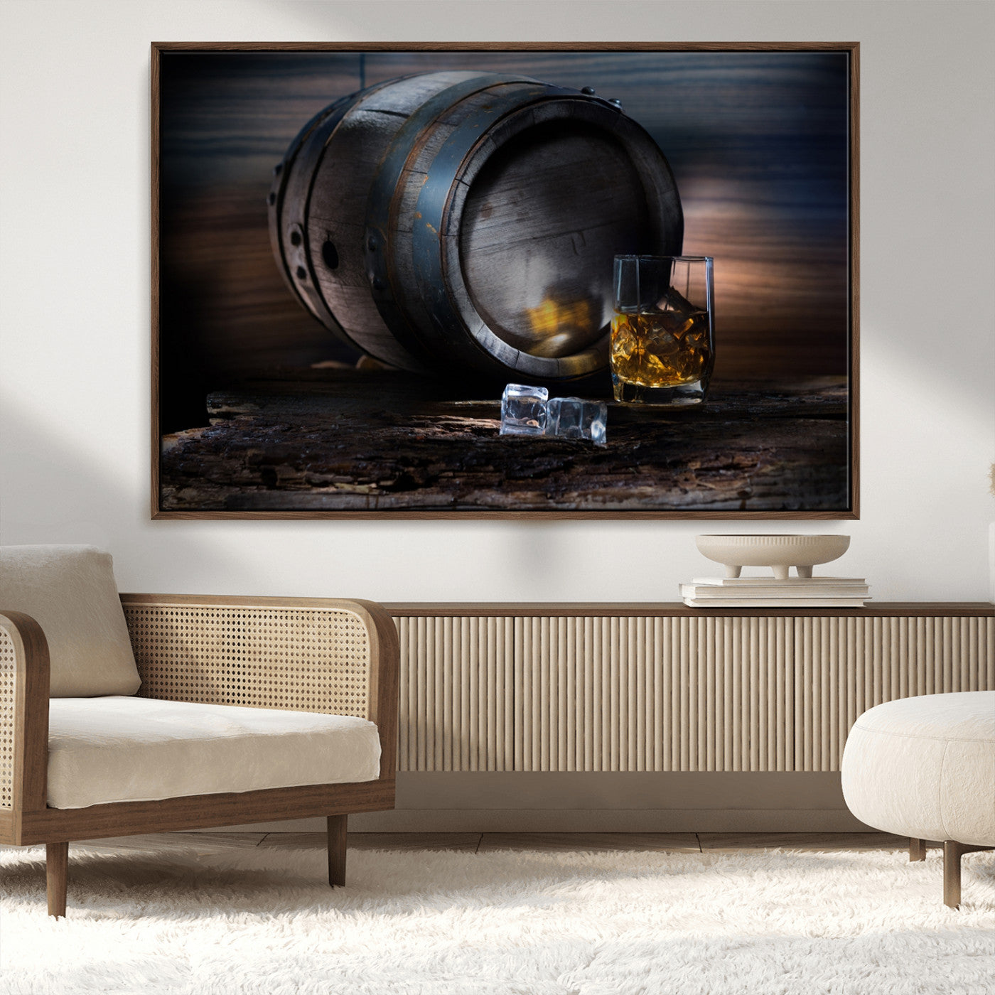78049-MGV-CV-36X24-Whiskey Barrel Wall Art – Rustic Whiskey Barrel and Glass with Ice Canvas Print, Classic Bar or Lounge Decor for Home, Office, or