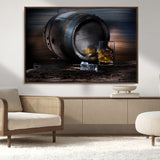 78049-MGV-CV-36X24-Whiskey Barrel Wall Art – Rustic Whiskey Barrel and Glass with Ice Canvas Print, Classic Bar or Lounge Decor for Home, Office, or