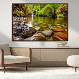 98096-MGV-CV-36X24-Serene River Waterfall Nature Photo – Calm Clear Water, Vibrant Green Forest and Smooth Stones Landscape Wall Art for Home or