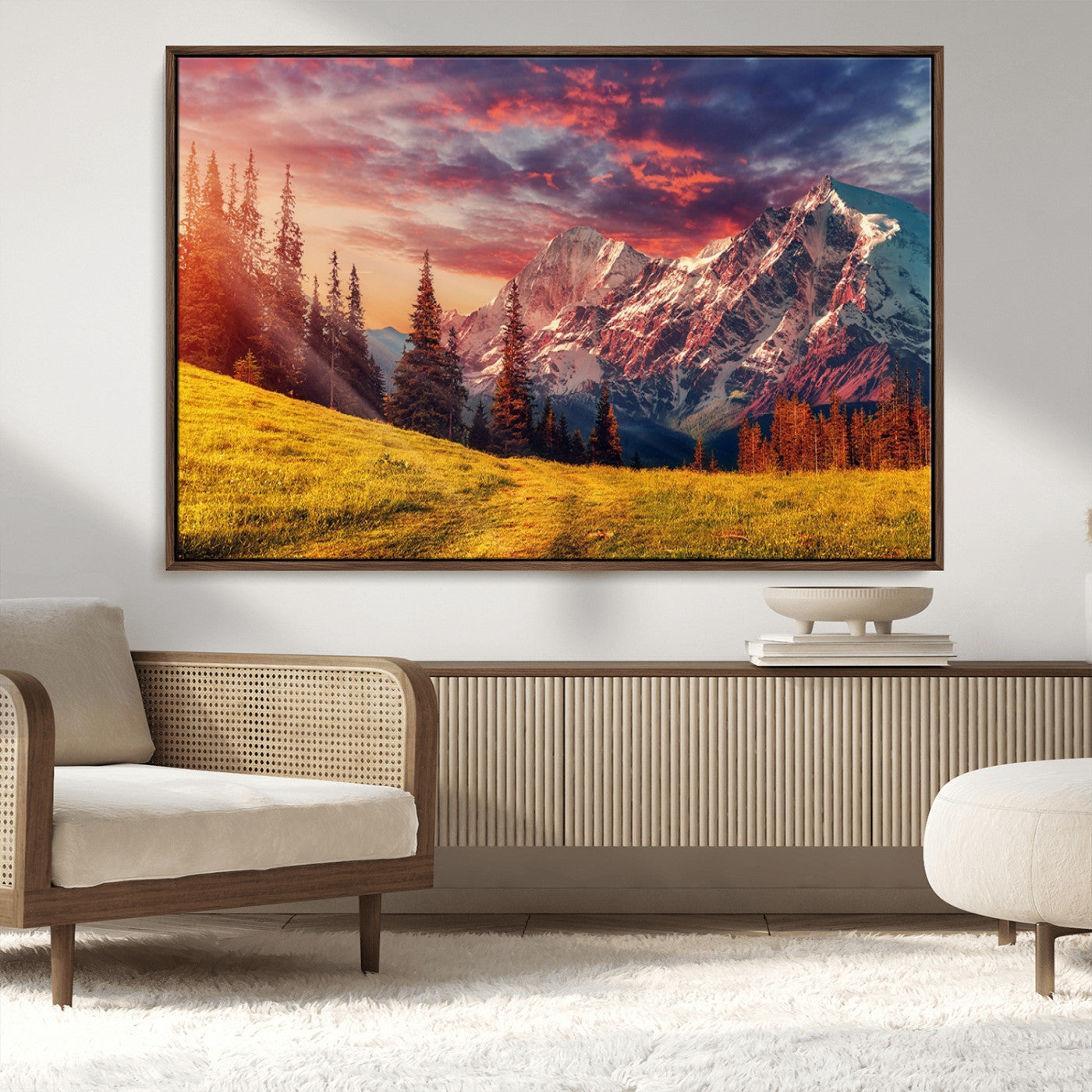 83947-MGV-FC-36X24_Walnut-Sunset Mountain Landscape Wall Art – Panoramic Alpine Meadow and Snow Capped Peaks Canvas Print, Nature Scenic Decor for Home,