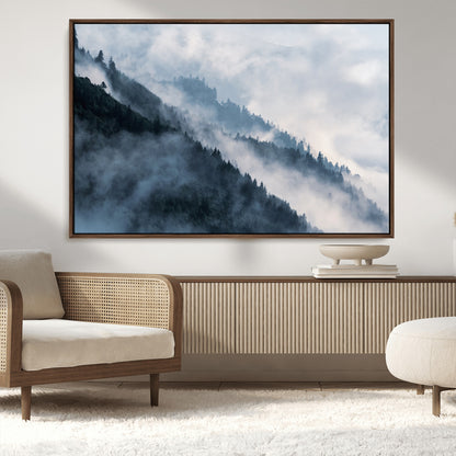 85737-MGV-CV-36X24-Misty Mountain Wall Art – Atmospheric Pine Forest Canvas Print with Fog and Mist, Calm Nature Decor for Living Room, Bedroom,