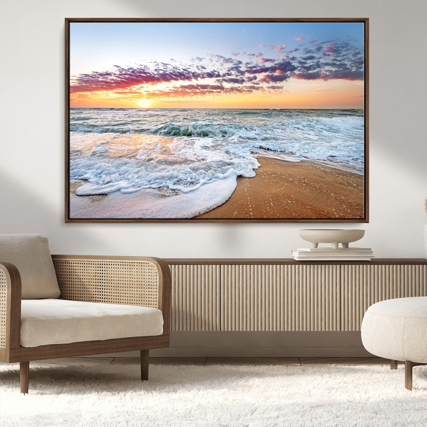 39560-MGV-CV-36X24-Sunrise Beach Wall Art – Vibrant Ocean Waves and Golden Sand Canvas Print, Seaside Coastal Decor for Living Room, Bedroom or