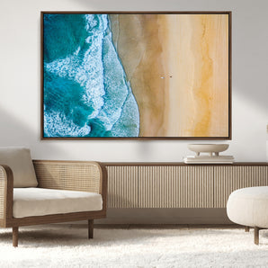 46640-MGV-CV-36X24-Aerial Beach Wall Art – Turquoise Waves and Golden Sand Canvas Print with Lone Surfer, Coastal Ocean Decor for Living Room,